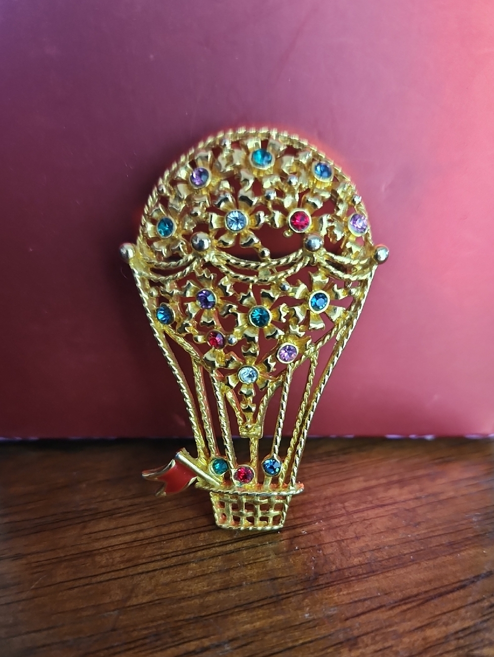 Gold-tone Hot Air Balloon Brooch with Multicolored Rhinestones